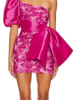 For Love And Lemons Hot Pink One-Shoulder Rose Appliqué Mini Dress